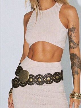 Princess Polly Ribbed Cropped Tank and Skirt Set in Light Beige